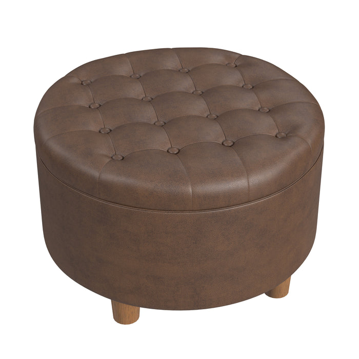 HomePop Round Storage Ottoman - Brown Faux Leather