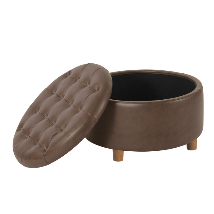 HomePop Round Storage Ottoman - Brown Faux Leather