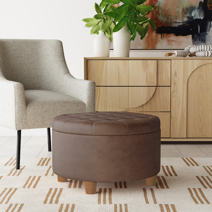 HomePop Round Storage Ottoman - Brown Faux Leather