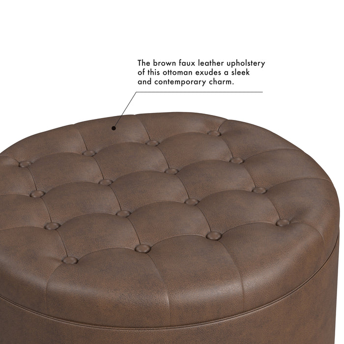 HomePop Round Storage Ottoman - Brown Faux Leather