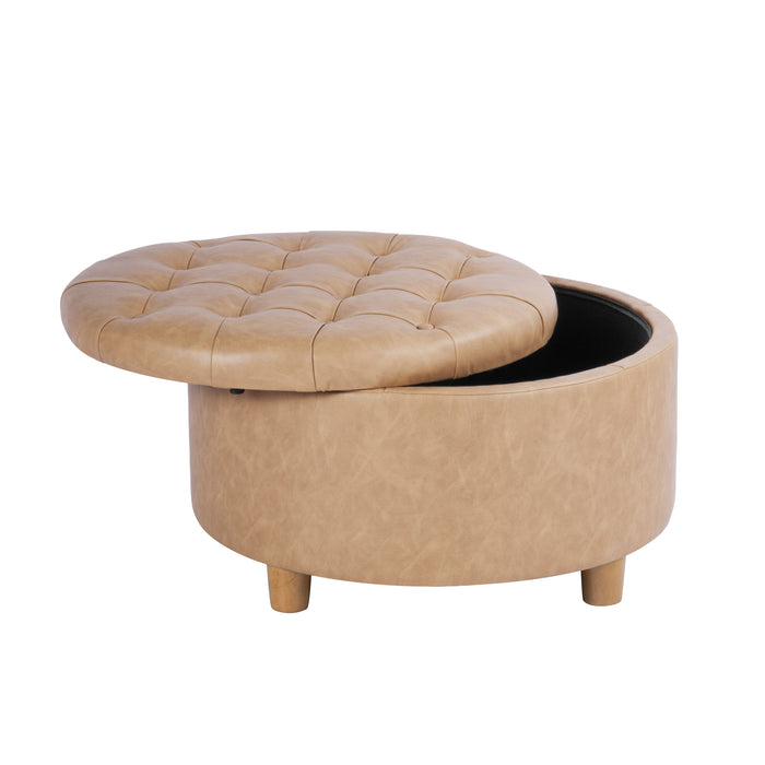 HomePop Round Storage Ottoman - Sand Faux Leather