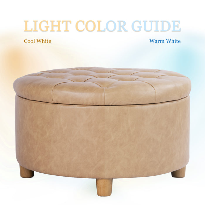 HomePop Round Storage Ottoman - Sand Faux Leather