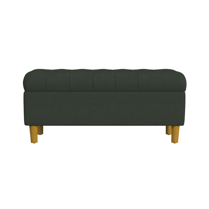 HomePop Button Tufted Storage Bench with Cone wood legs -  Loden Green Velvet