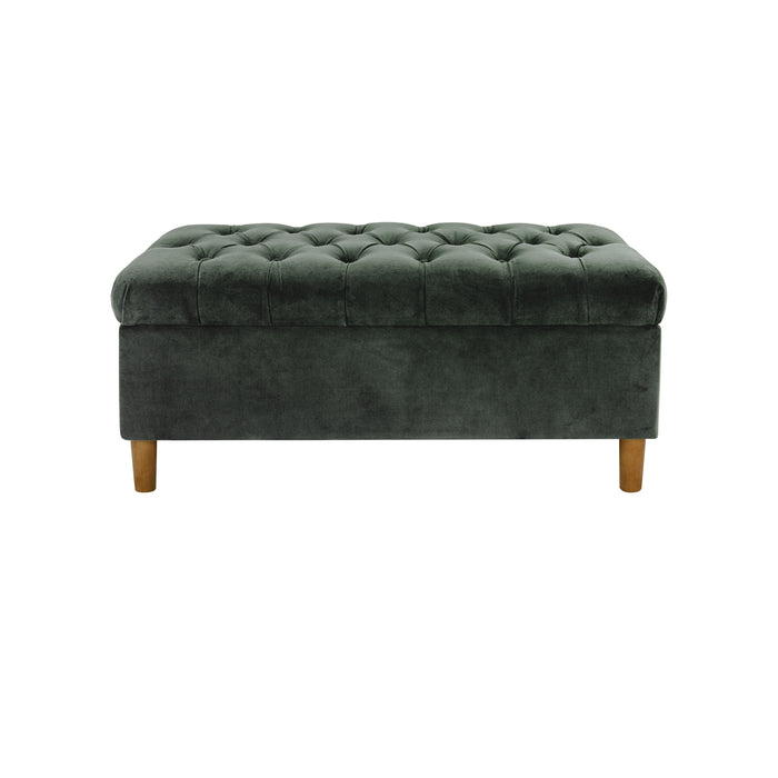 HomePop Button Tufted Storage Bench with Cone wood legs -  Loden Green Velvet