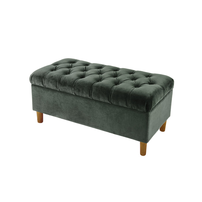 HomePop Button Tufted Storage Bench with Cone wood legs -  Loden Green Velvet