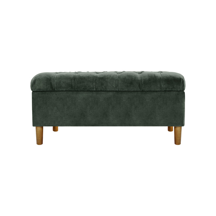 HomePop Button Tufted Storage Bench with Cone wood legs -  Loden Green Velvet