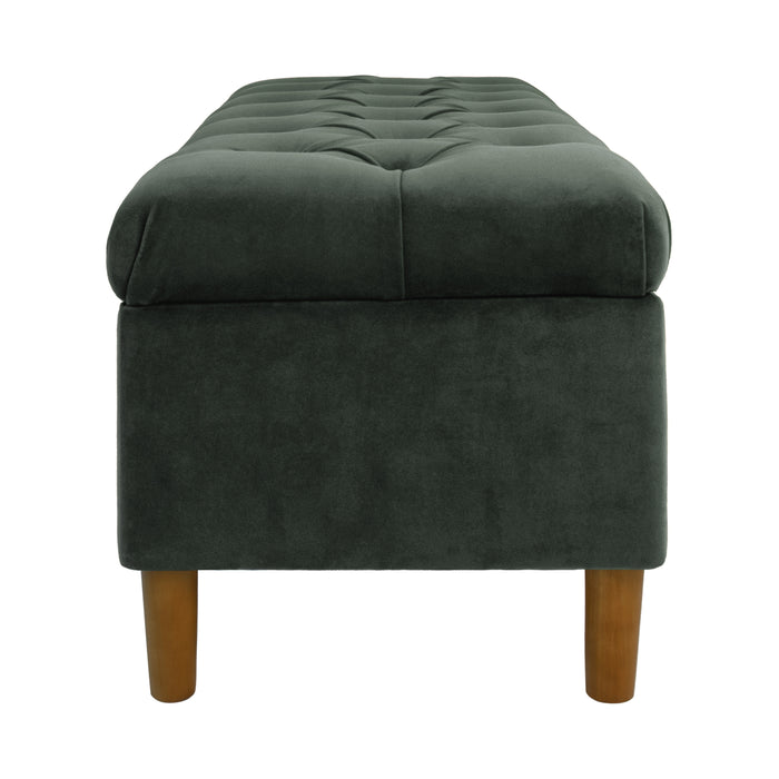 HomePop Button Tufted Storage Bench with Cone wood legs -  Loden Green Velvet