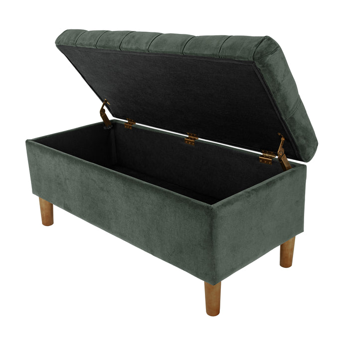 HomePop Button Tufted Storage Bench with Cone wood legs -  Loden Green Velvet