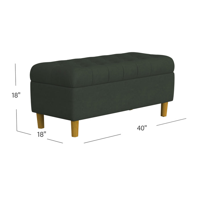 HomePop Button Tufted Storage Bench with Cone wood legs -  Loden Green Velvet