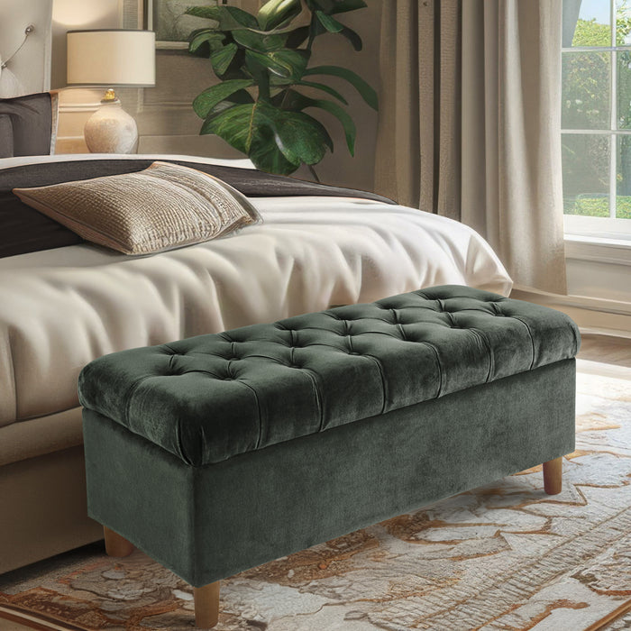 HomePop Button Tufted Storage Bench with Cone wood legs -  Loden Green Velvet