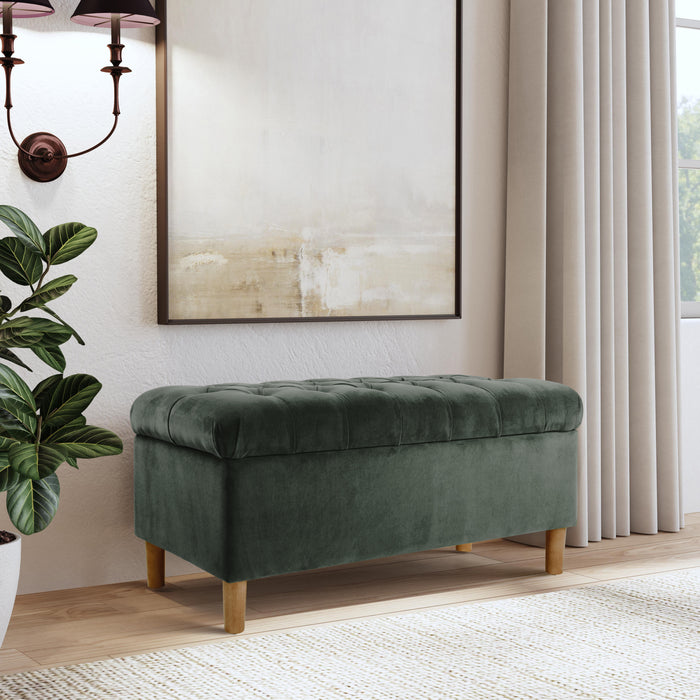 HomePop Button Tufted Storage Bench with Cone wood legs -  Loden Green Velvet