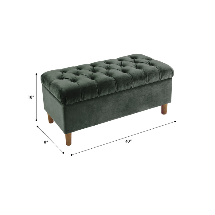 HomePop Button Tufted Storage Bench with Cone wood legs -  Loden Green Velvet