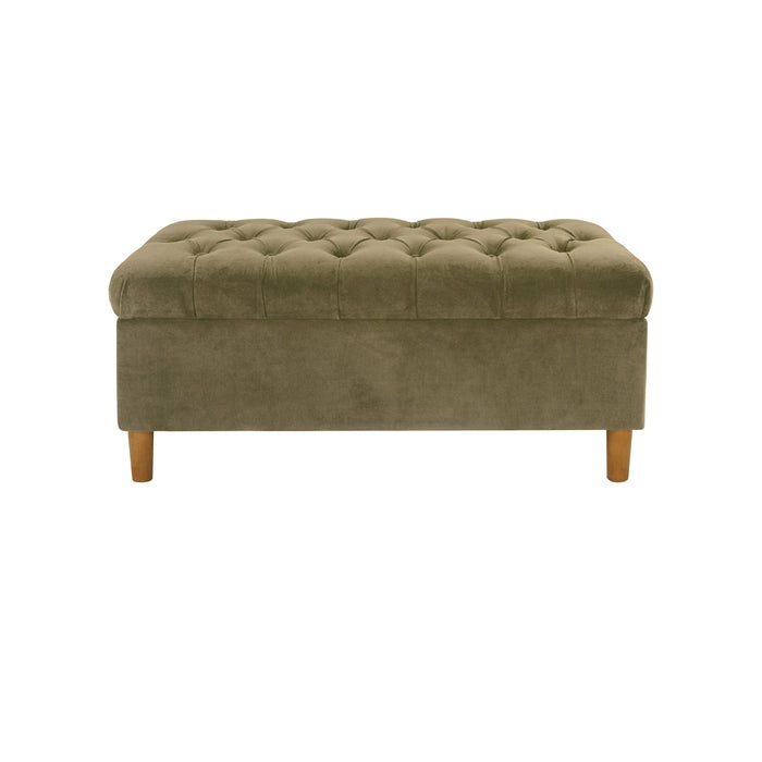 HomePop Button Tufted Storage Bench with Cone wood legs -  Light Sage Green Velvet