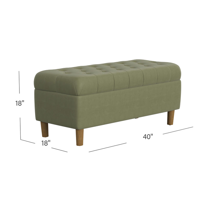 HomePop Button Tufted Storage Bench with Cone wood legs -  Light Sage Green Velvet