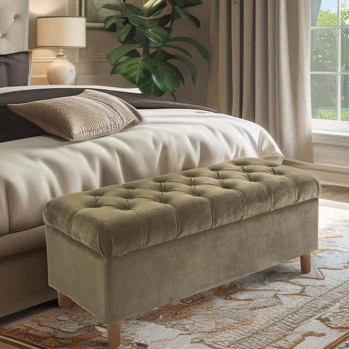 HomePop Button Tufted Storage Bench with Cone wood legs -  Light Sage Green Velvet