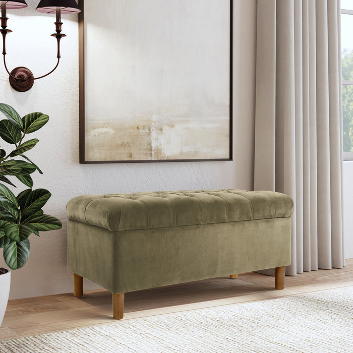 HomePop Button Tufted Storage Bench with Cone wood legs -  Light Sage Green Velvet