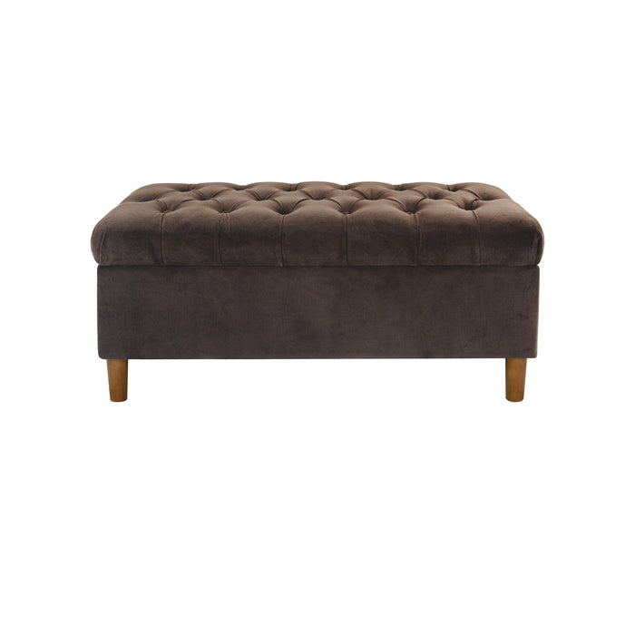 HomePop Button Tufted Storage Bench with Cone wood legs -  Chocolate Brown Velvet