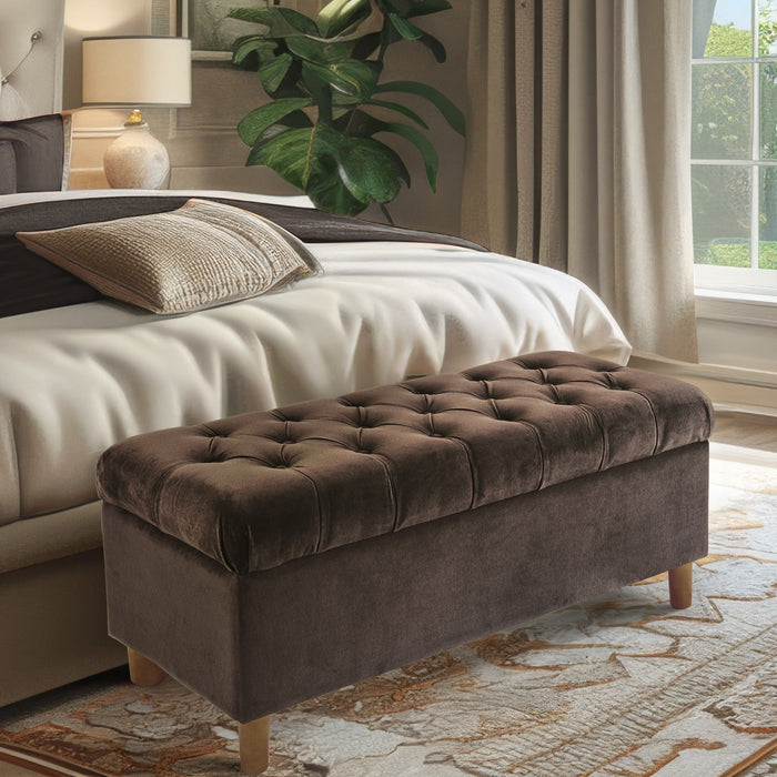 HomePop Button Tufted Storage Bench with Cone wood legs -  Chocolate Brown Velvet