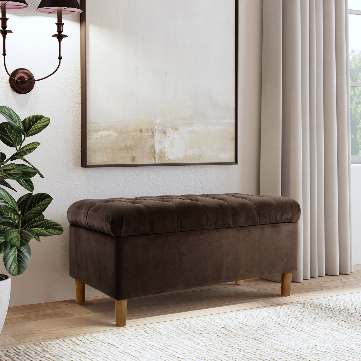 HomePop Button Tufted Storage Bench with Cone wood legs Chocolate Br HomePop Furniture