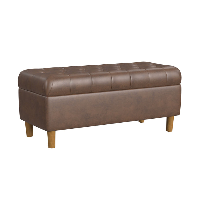 HomePop Button Tufted Storage Bench with Cone wood legs -  Brown Faux Leather