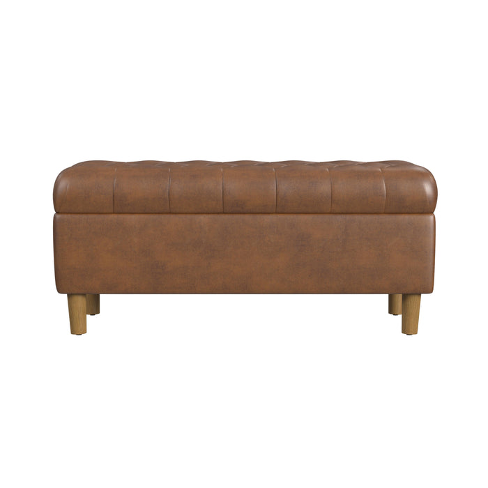 HomePop Button Tufted Storage Bench with Cone wood legs -  Brown Faux Leather