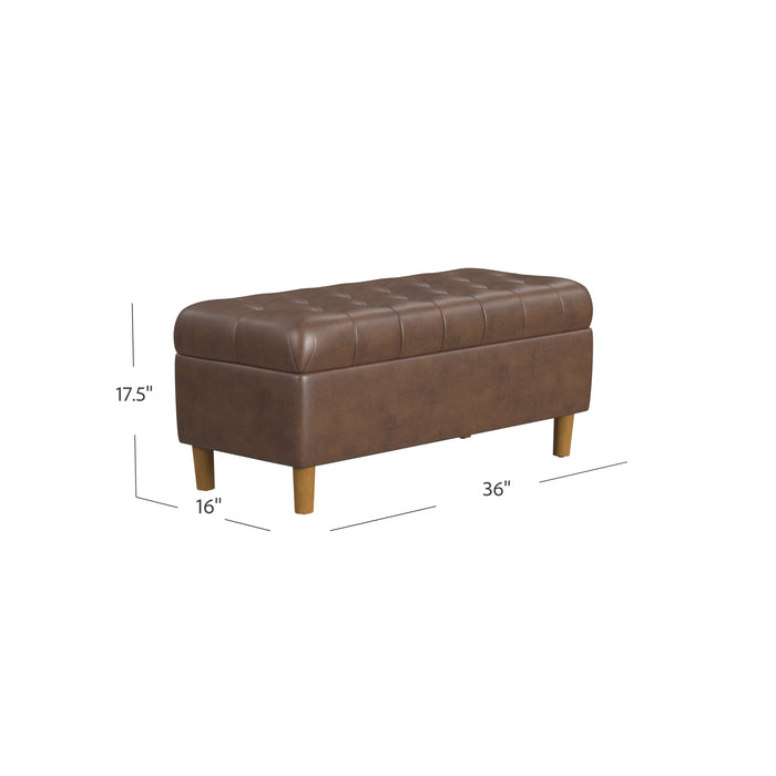 HomePop Button Tufted Storage Bench with Cone wood legs -  Brown Faux Leather