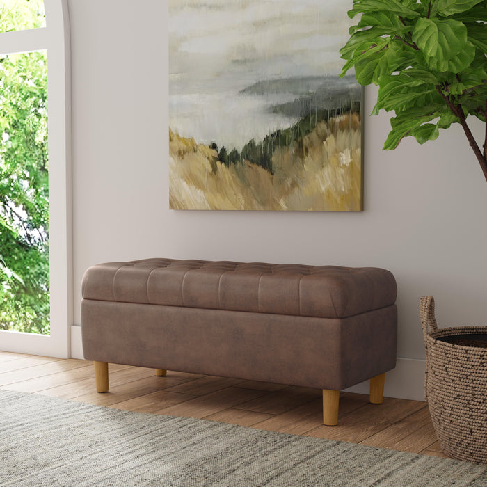 HomePop Button Tufted Storage Bench with Cone wood legs -  Brown Faux Leather