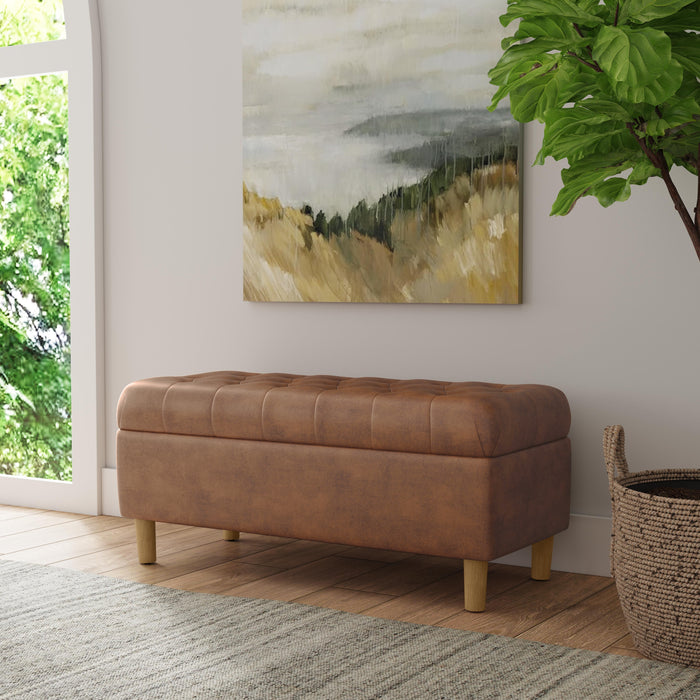 HomePop Button Tufted Storage Bench with Cone wood legs -  Brown Faux Leather