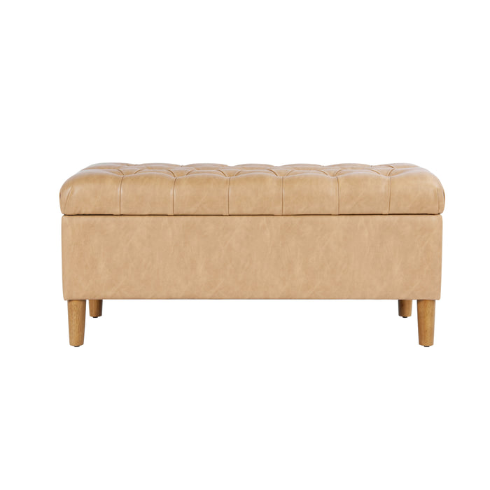 HomePop Button Tufted Storage Bench with Cone wood legs - Sand Faux Leather