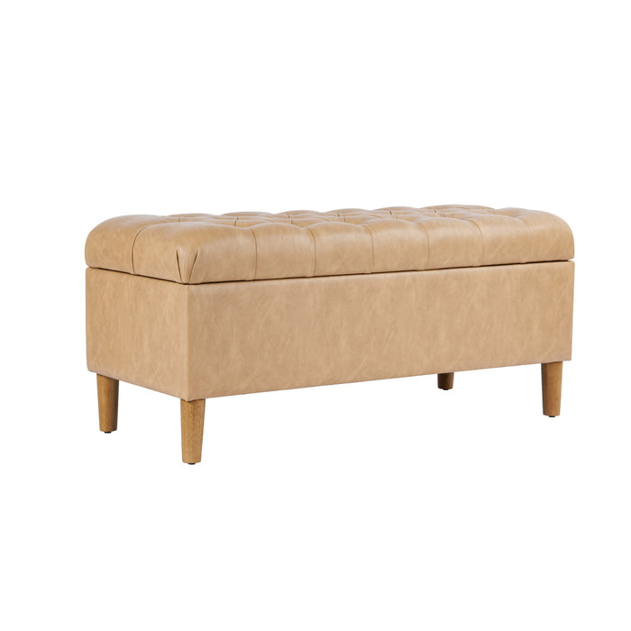 HomePop Button Tufted Storage Bench with Cone wood legs - Sand Faux Leather
