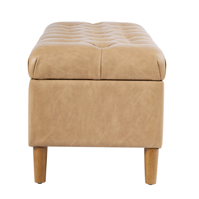 HomePop Button Tufted Storage Bench with Cone wood legs - Sand Faux Leather