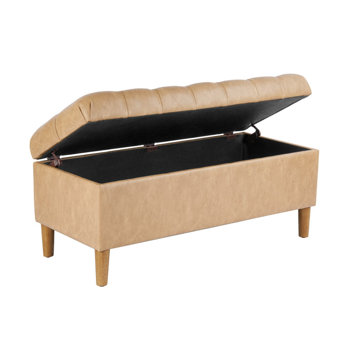 HomePop Button Tufted Storage Bench with Cone wood legs - Sand Faux Leather