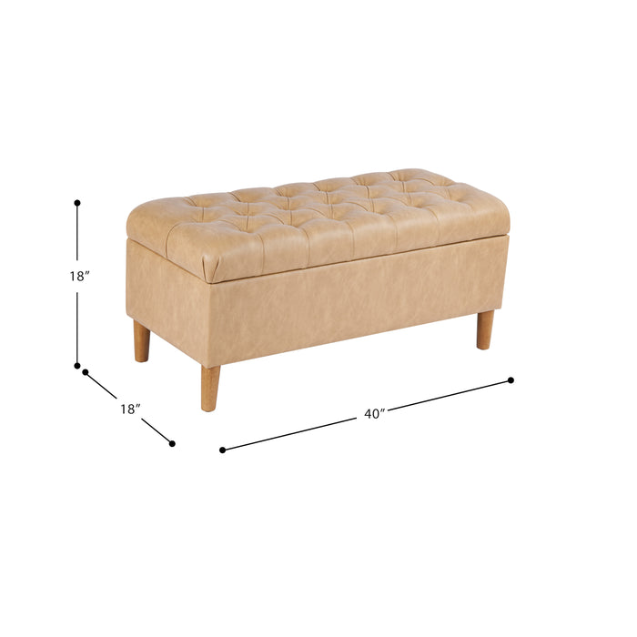 HomePop Button Tufted Storage Bench with Cone wood legs - Sand Faux Leather