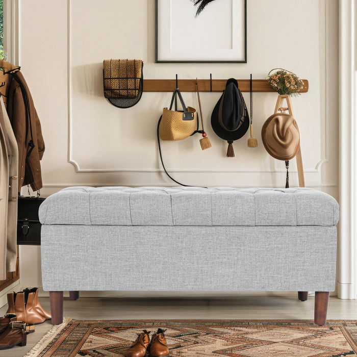 HomePop Button Tufted Storage Bench with Cone wood legs - Gray Woven