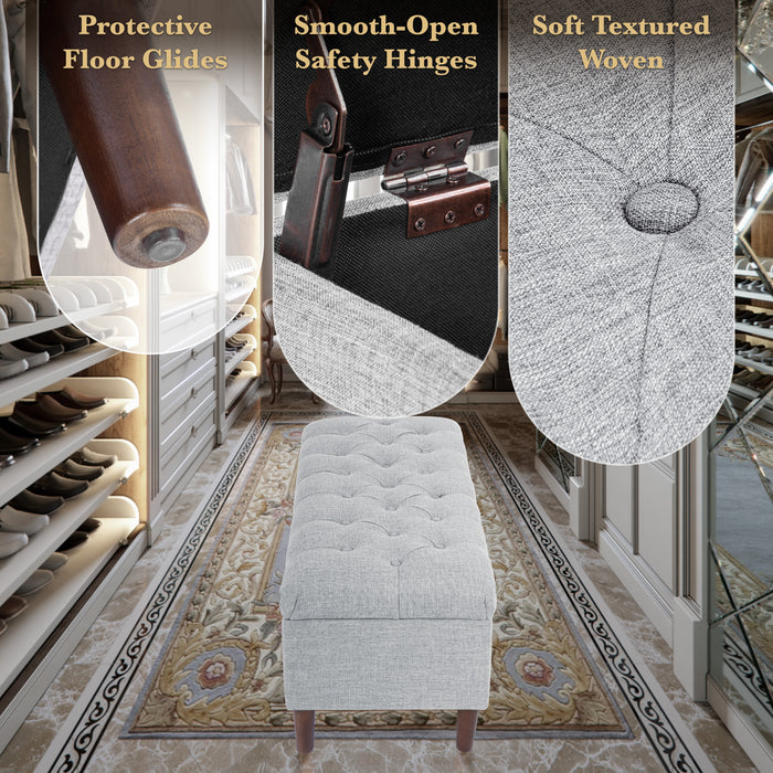 HomePop Button Tufted Storage Bench with Cone wood legs - Gray Woven