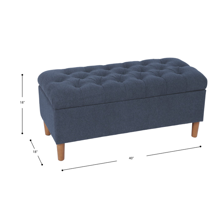 HomePop Button Tufted Storage Bench with Cone wood legs - Blue Woven Fabric