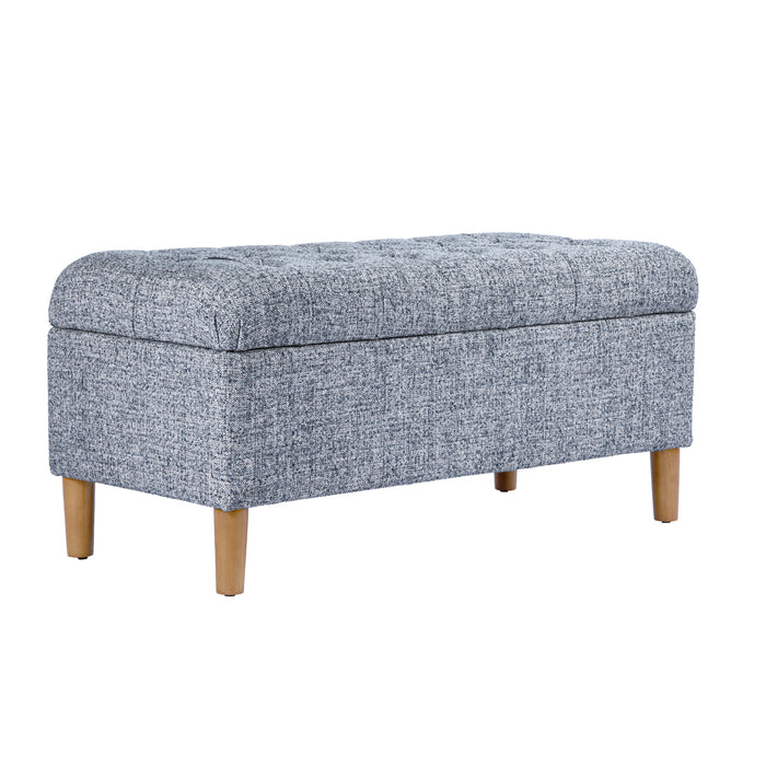 HomePop Button Tufted Storage Bench with Cone wood legs - Blue Gray Woven Fabric