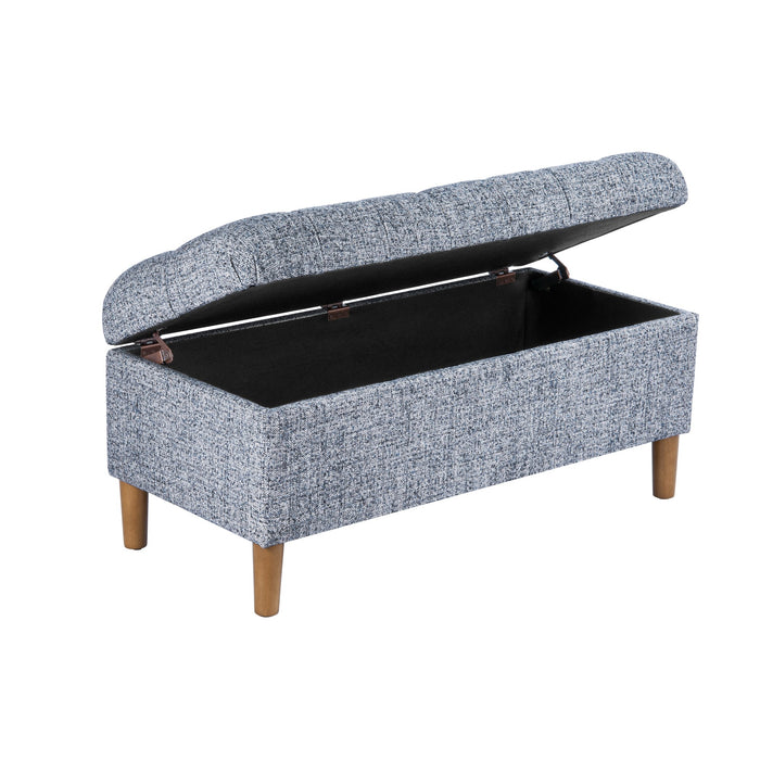 HomePop Button Tufted Storage Bench with Cone wood legs - Blue Gray Woven Fabric