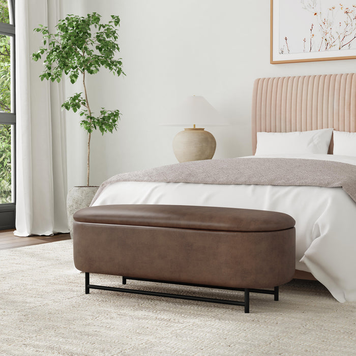 HomePop Ellipse Storage Bench with Metal Legs - Brown Faux Leather