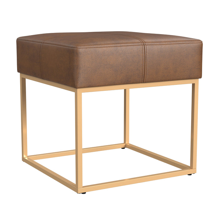 HomePop Small Square Metal Ottoman -Brown Faux Leather