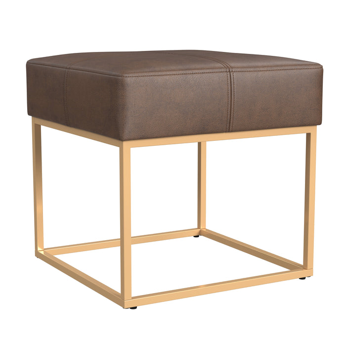 HomePop Small Square Metal Ottoman -Brown Faux Leather