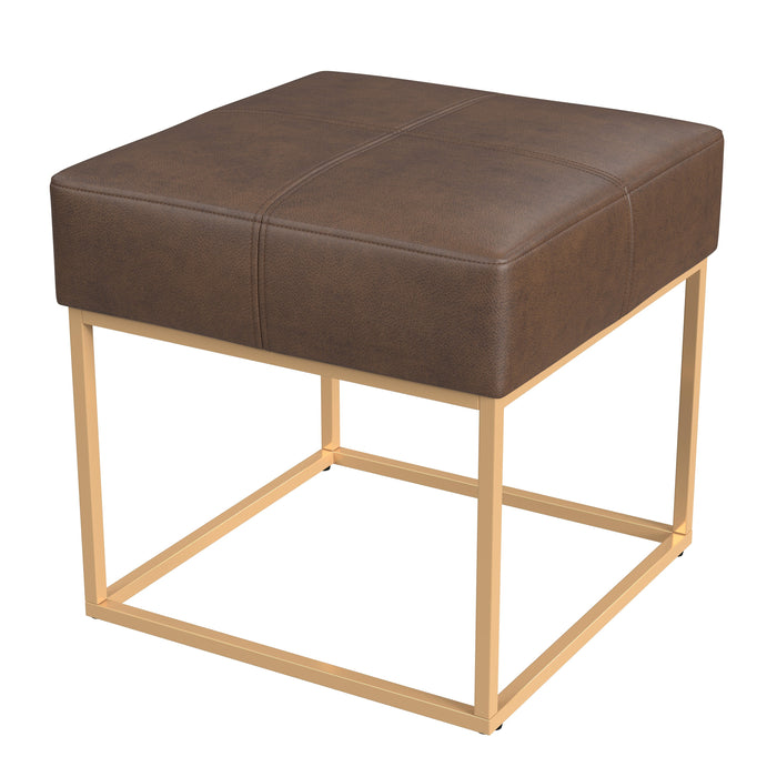 HomePop Small Square Metal Ottoman -Brown Faux Leather