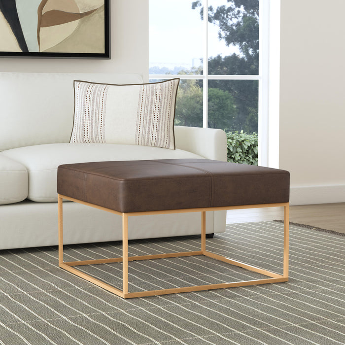 HomePop Large Square Metal Ottoman -Brown Faux Leather