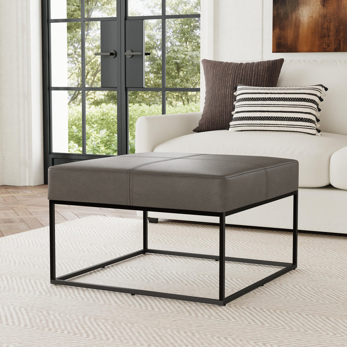 HomePop Large Square Metal Ottoman -Pewter Gray Faux Leather