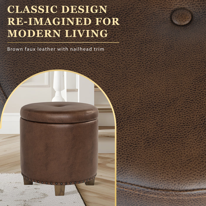 HomePop Luxury Small Faux Leather Storage Ottoman - Brown Faux Leather