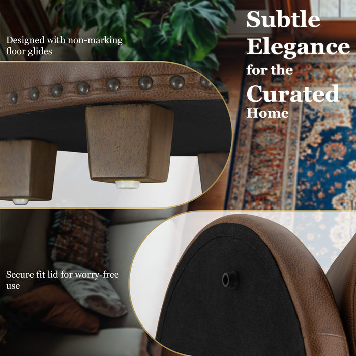 HomePop Luxury Small Faux Leather Storage Ottoman - Brown Faux Leather