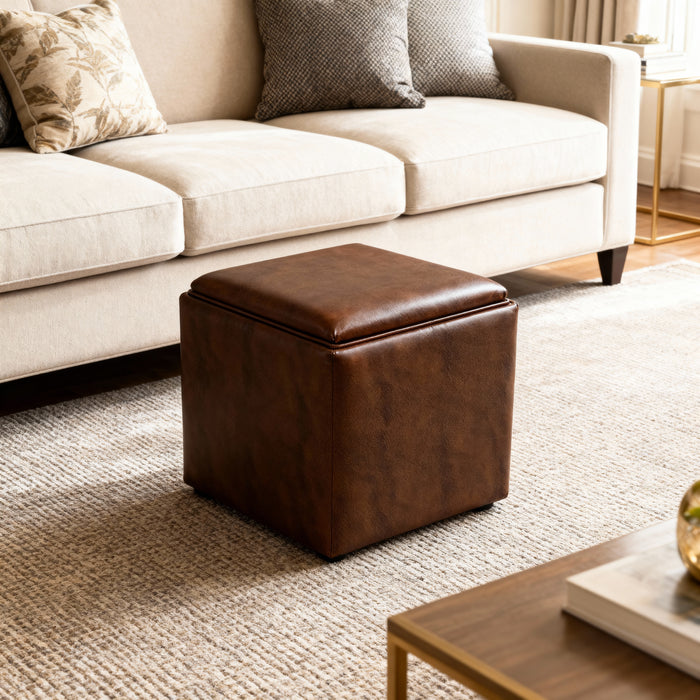 HomePop Lift-Off Lid Ottoman - Brown Faux Leather
