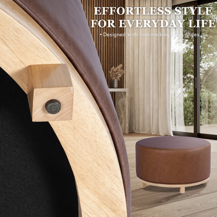 HomePop Haven Ottoman with Wood Base -  Chestnut Brown Faux Leather