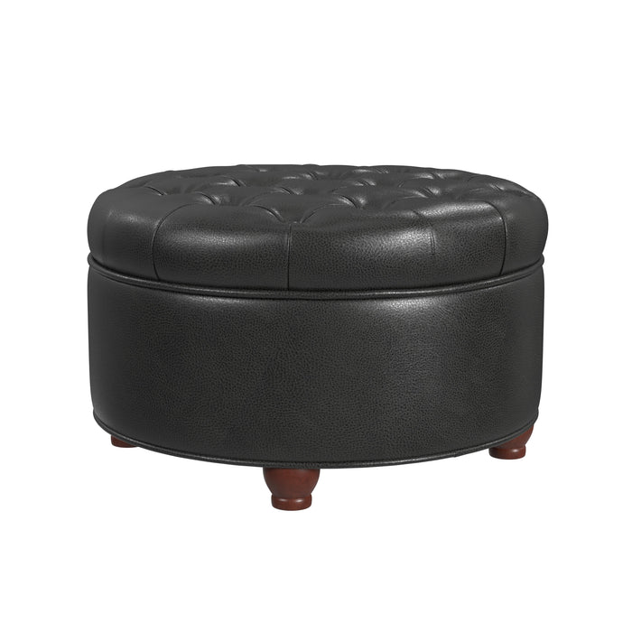 Large Tufted Round Storage Ottoman - Black Faux Leather