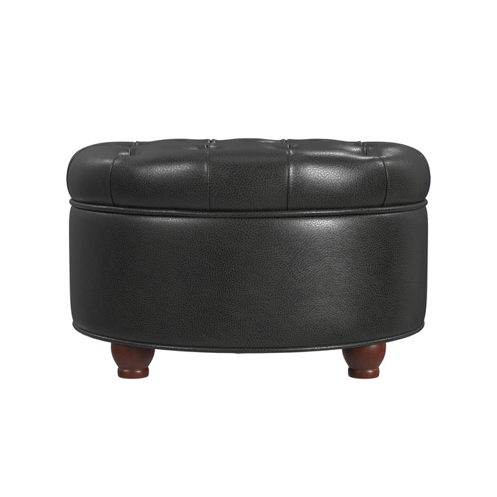 Large Tufted Round Storage Ottoman - Black Faux Leather